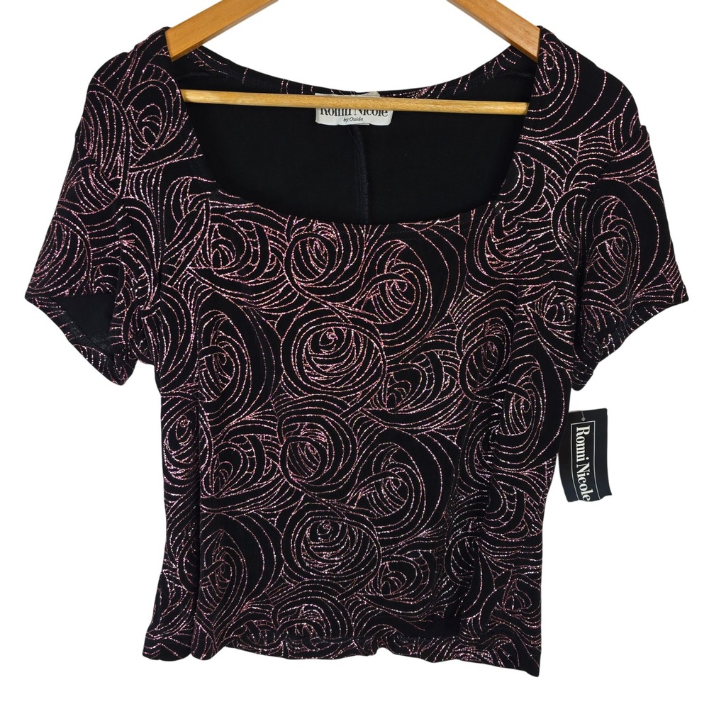 Ronni Nicole Vintage Top XL Black Pink Acetate Rose Pattern Sparkle Career